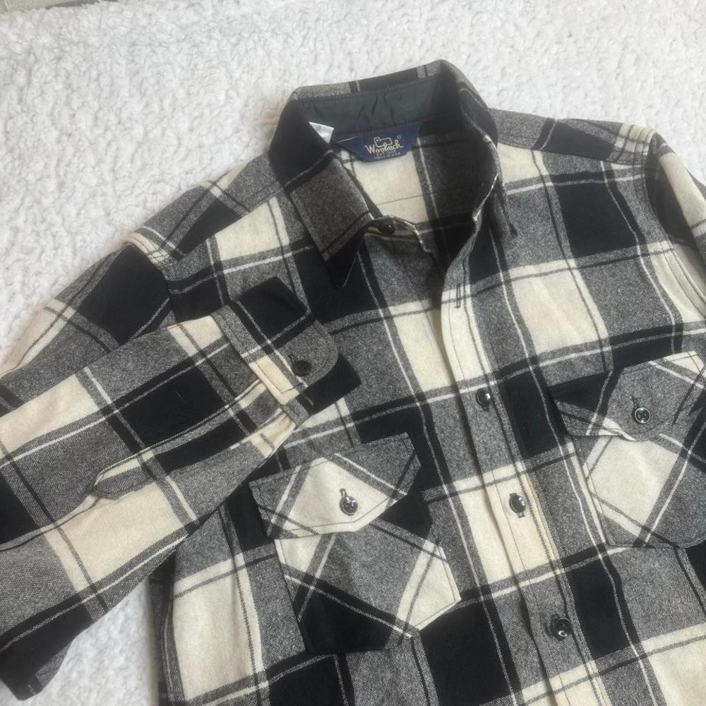 80s 90s men Woolrich plaid wool flannel long sleeve shirt work pockets utility L